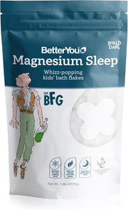 BetterYou Magnesium Whizz-Popping Kids Bath Flakes bag, 750g, on white background.