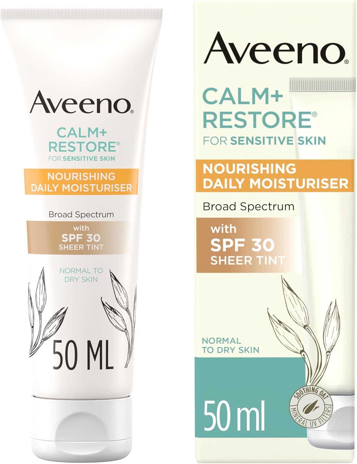 Aveeno Calm+Restore Daily Face Moisturiser with SPF 30 tube & box, 50ml.