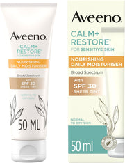 Aveeno Calm+Restore Daily Face Moisturiser with SPF 30 tube & box, 50ml.