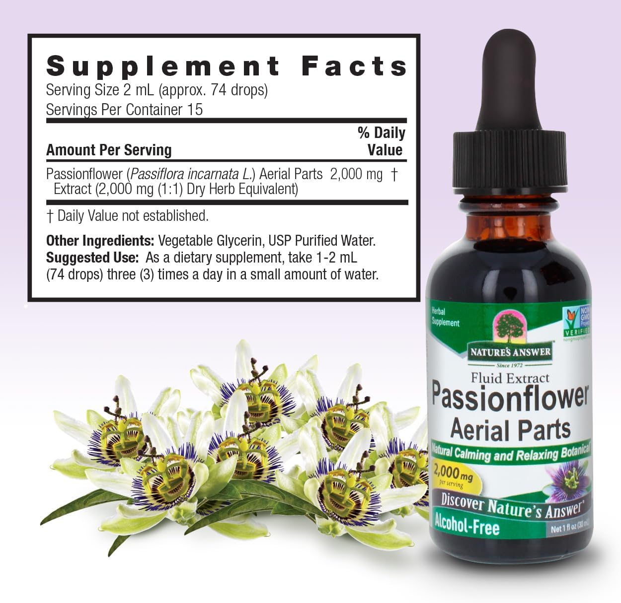 Passionflower extract bottle with supplement facts label on a light purple background