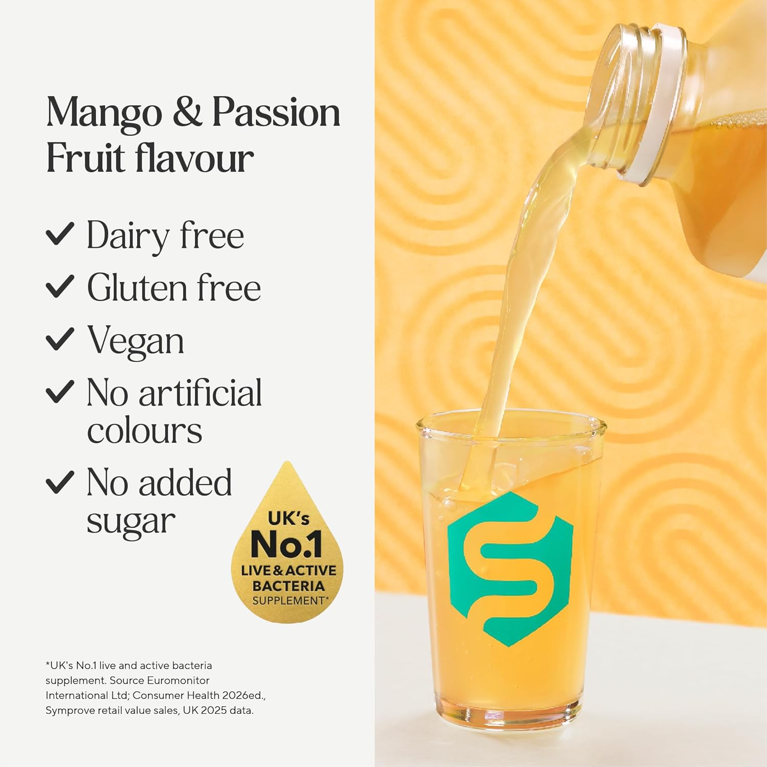 Symprove Liquid Probiotic Mango Passionfruit Flavour 4 x 500ml probiotic drink pouring dairy free gluten free vegan