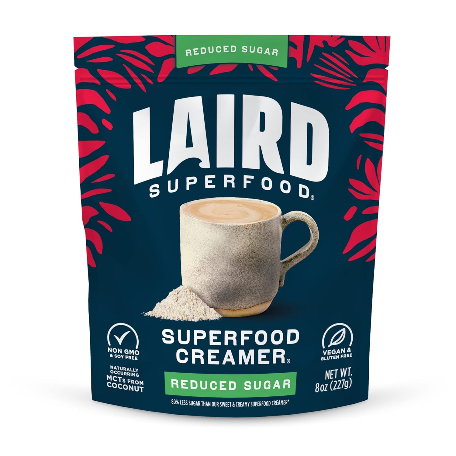 Laird Superfood reduced sugar non-dairy coffee creamer front pack 227g on white background