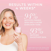 Woman holding a pink skincare product with text on a pink background about skin improvement results.