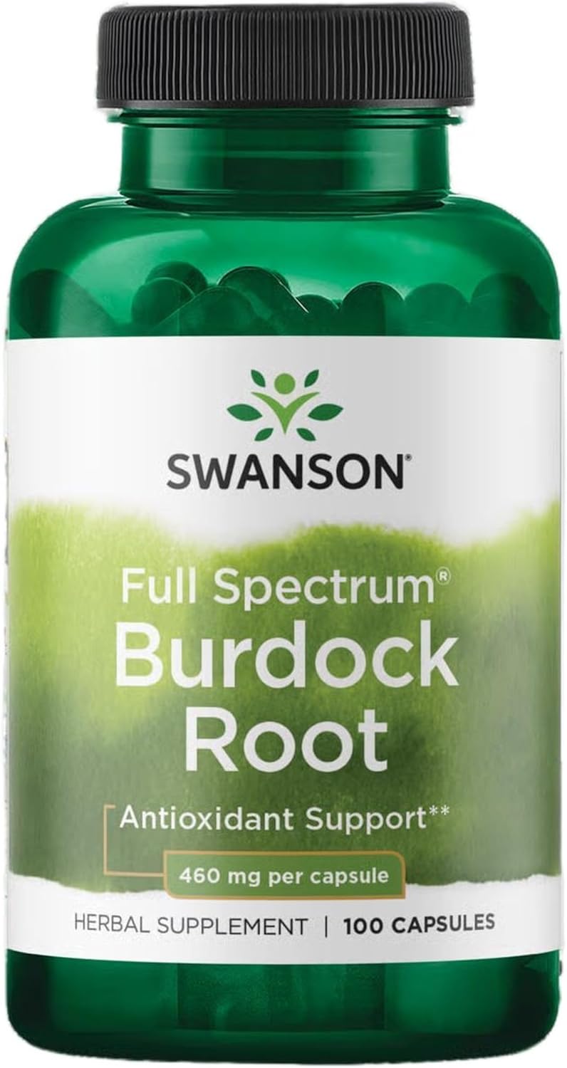 Swanson Full Spectrum Burdock Root supplement bottle on a white background