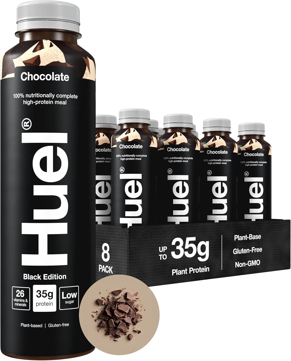 Huel Black Edition Ready-to-Drink Chocolate plant based meal drink bottle packaging 8 pack 500ml bottles
