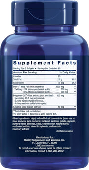 Back label of Super Omega-3 supplement bottle showing ingredients, supplement facts, and certifications.