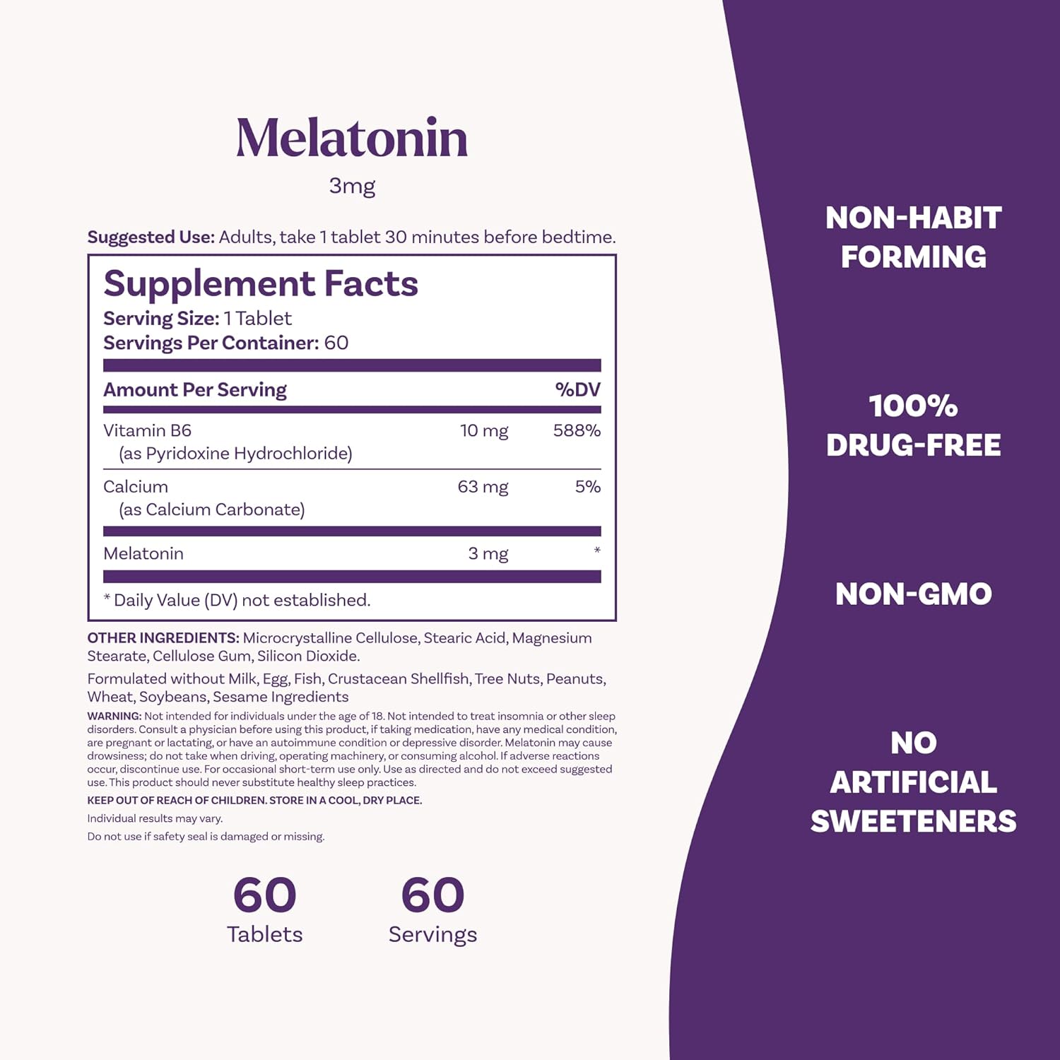 Ingredients and directions for Natrol 3mg Melatonin adult supplement.