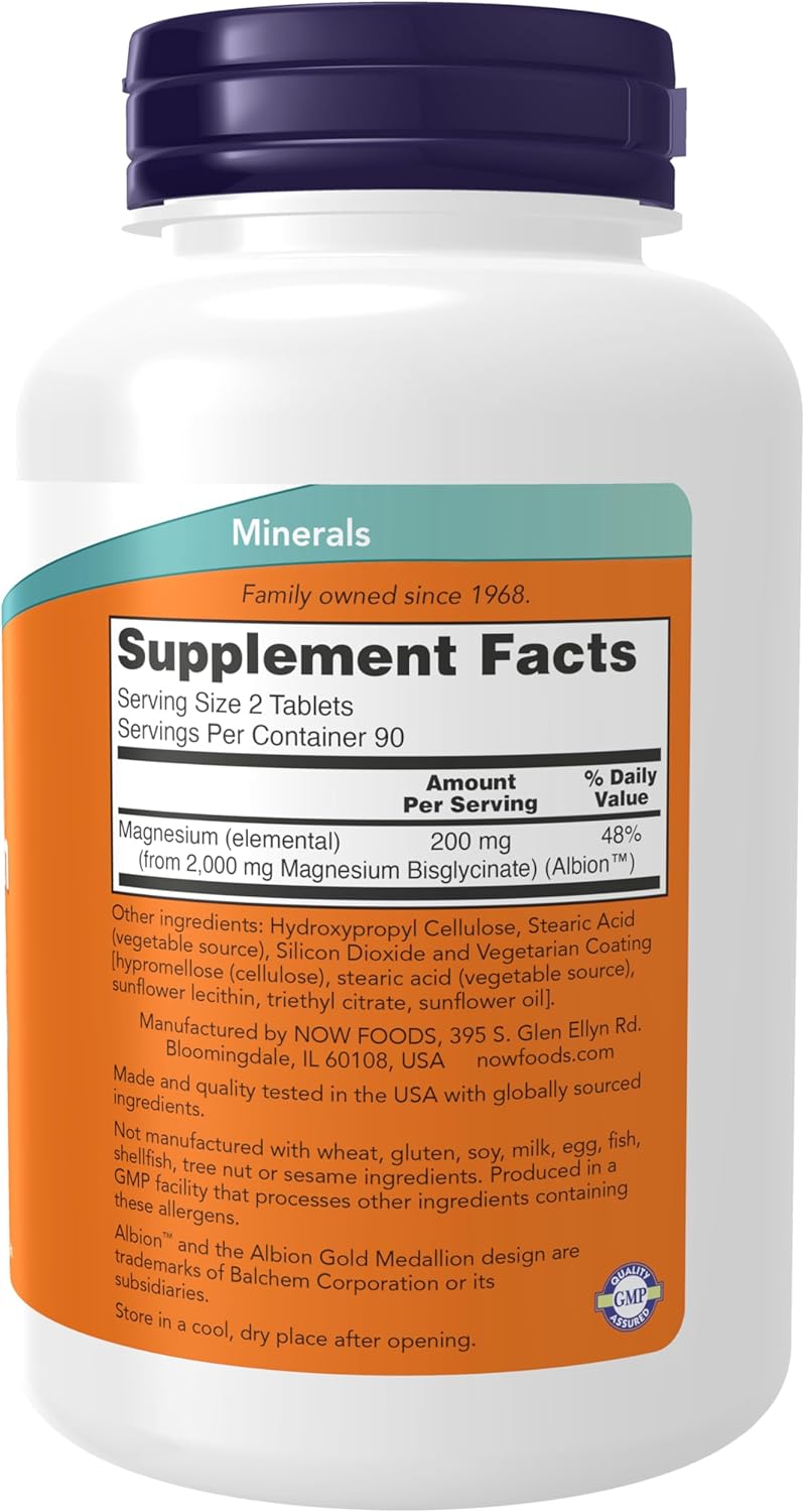 Supplement facts and details of NOW Magnesium Glycinate bottle, showing vegetarian and quality seals.