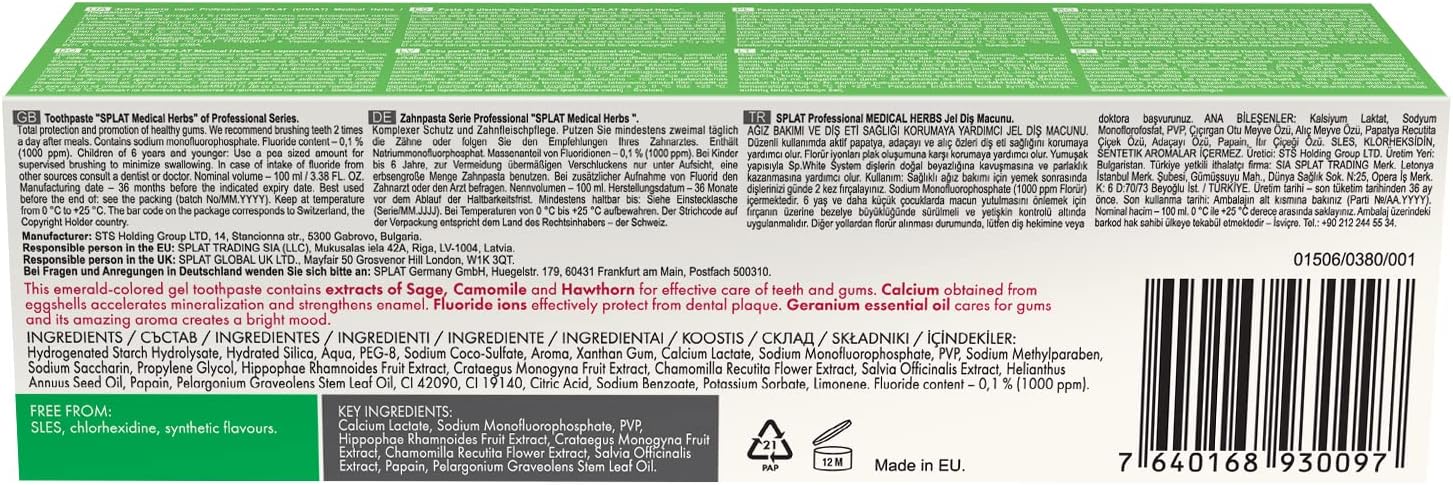 Ingredients label of SPLAT Herbal Toothpaste showing plant extracts.