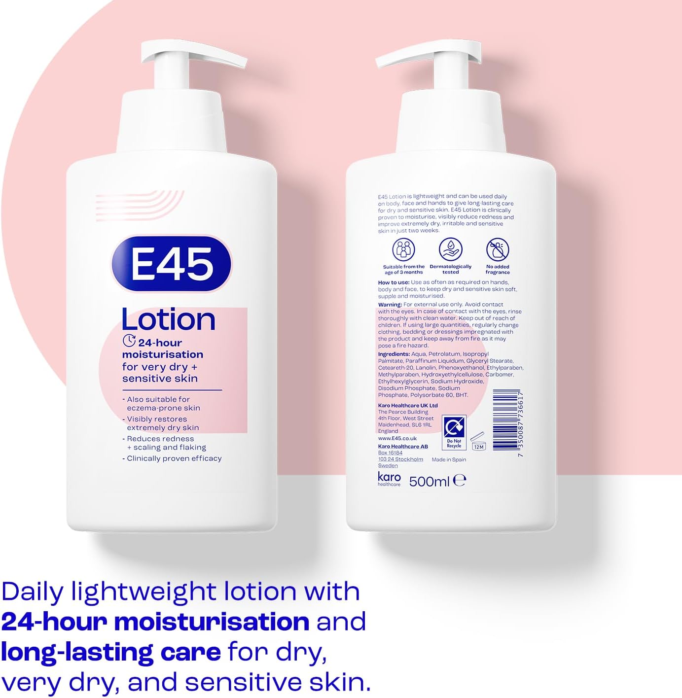 Front & back of E45 Lotion bottle showing ingredients and details.