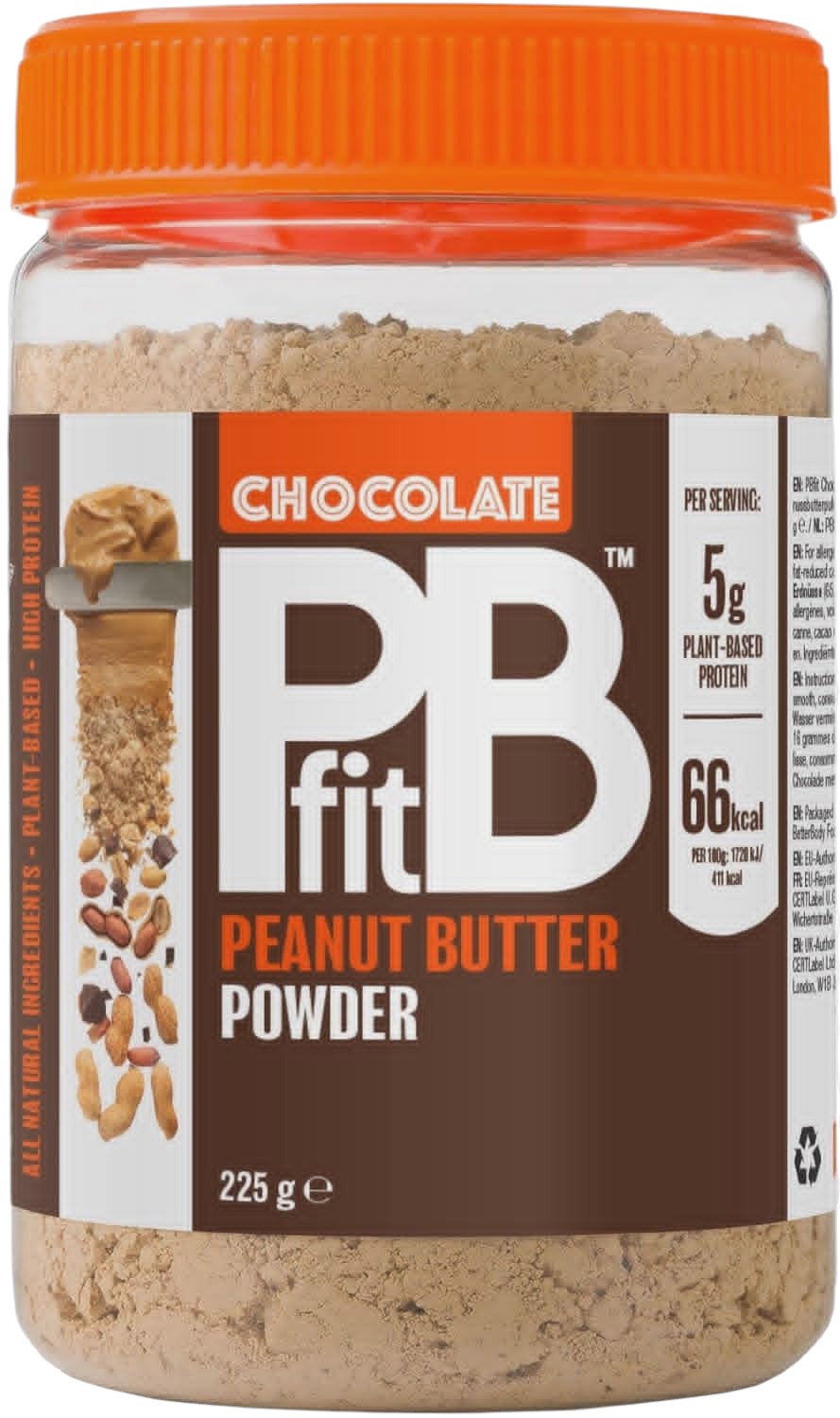 Front image: PBfit Chocolate Peanut Butter Powder cocoa peanut flour spread 225g tub
