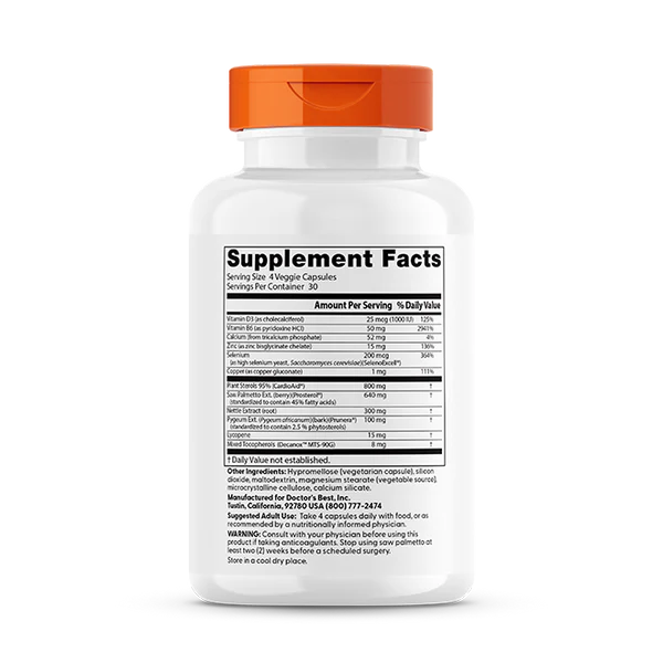 Supplement facts panel and directions for Doctor's Best Prostate Support capsules.