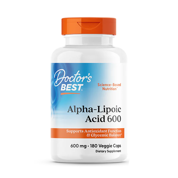 Front image: Doctor's Best Alpha-Lipoic Acid 600mg veggie capsules bottle 180 count