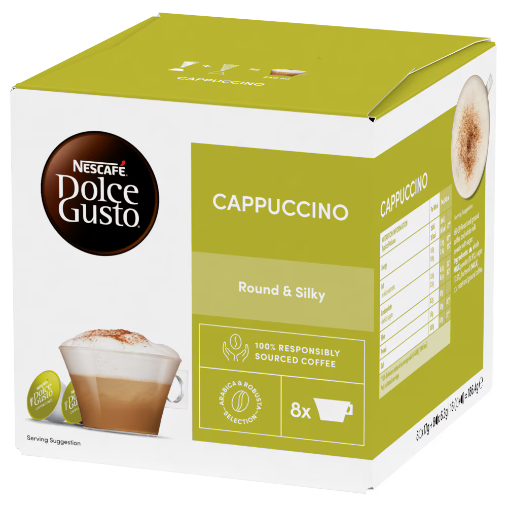 Front: NESCAFÉ Dolce Gusto Cappuccino Coffee Pods box, 24 servings.