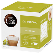 Front: NESCAFÉ Dolce Gusto Cappuccino Coffee Pods box, 24 servings.
