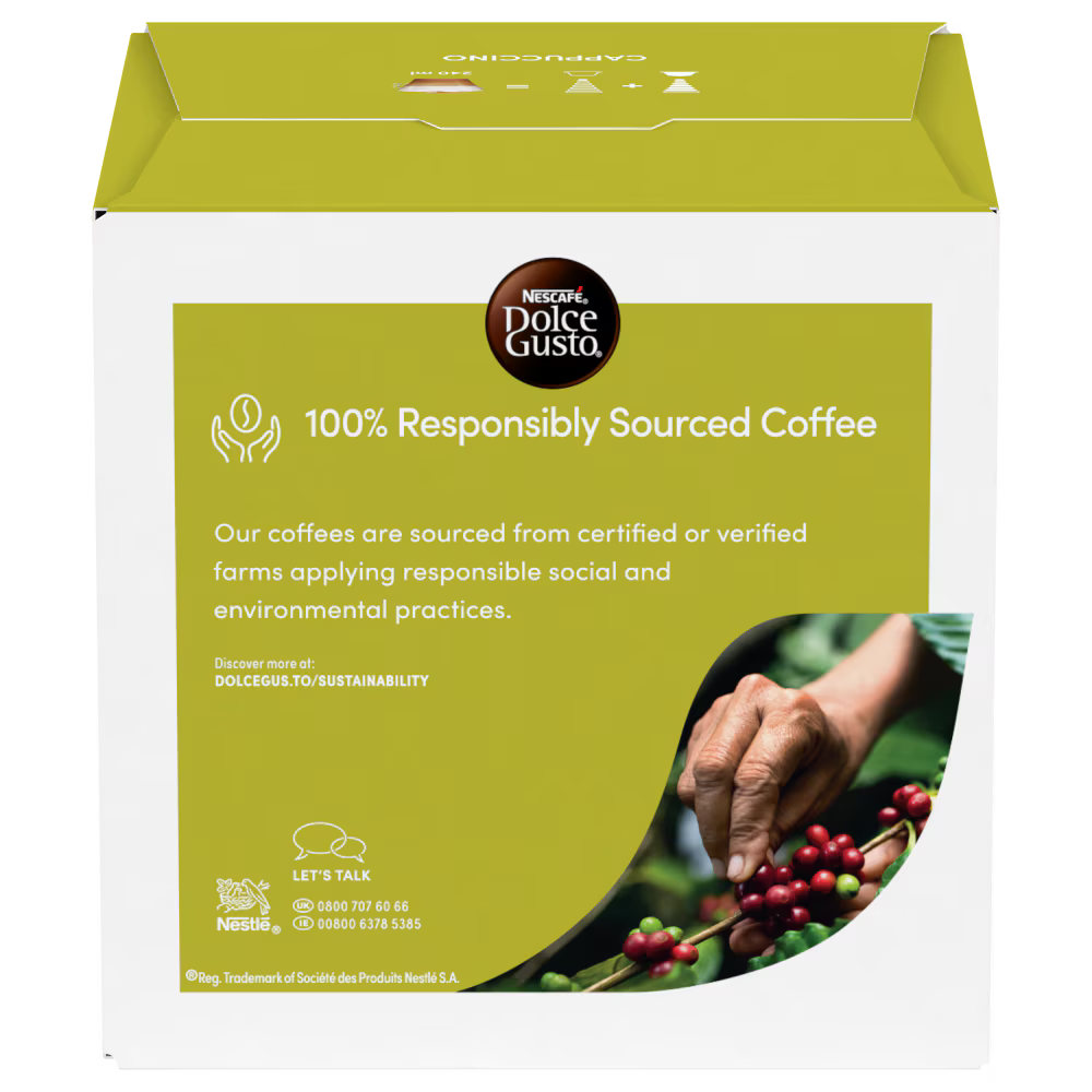 Back: Nutritional info and ingredients for cappuccino pods.