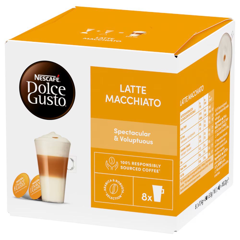 Front: NESCAFÉ Dolce Gusto Latte Macchiato Coffee Pods box, 24 servings.
