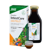 Floradix IntestCare Liquid Herbal & Mineral Formula bottle, box & dosage 250ml.