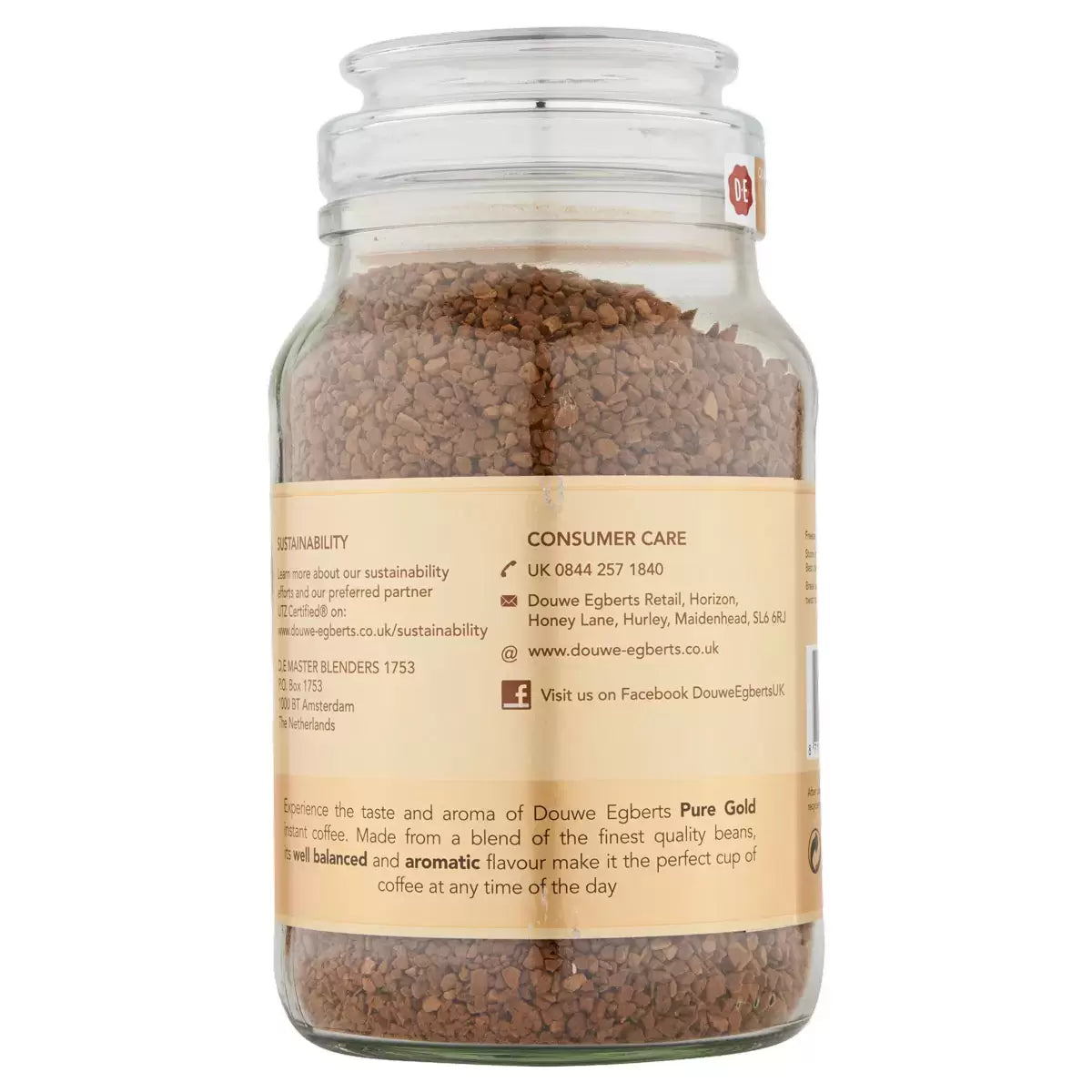 Douwe Egberts Pure Gold instant coffee granules ingredients label 400g jar