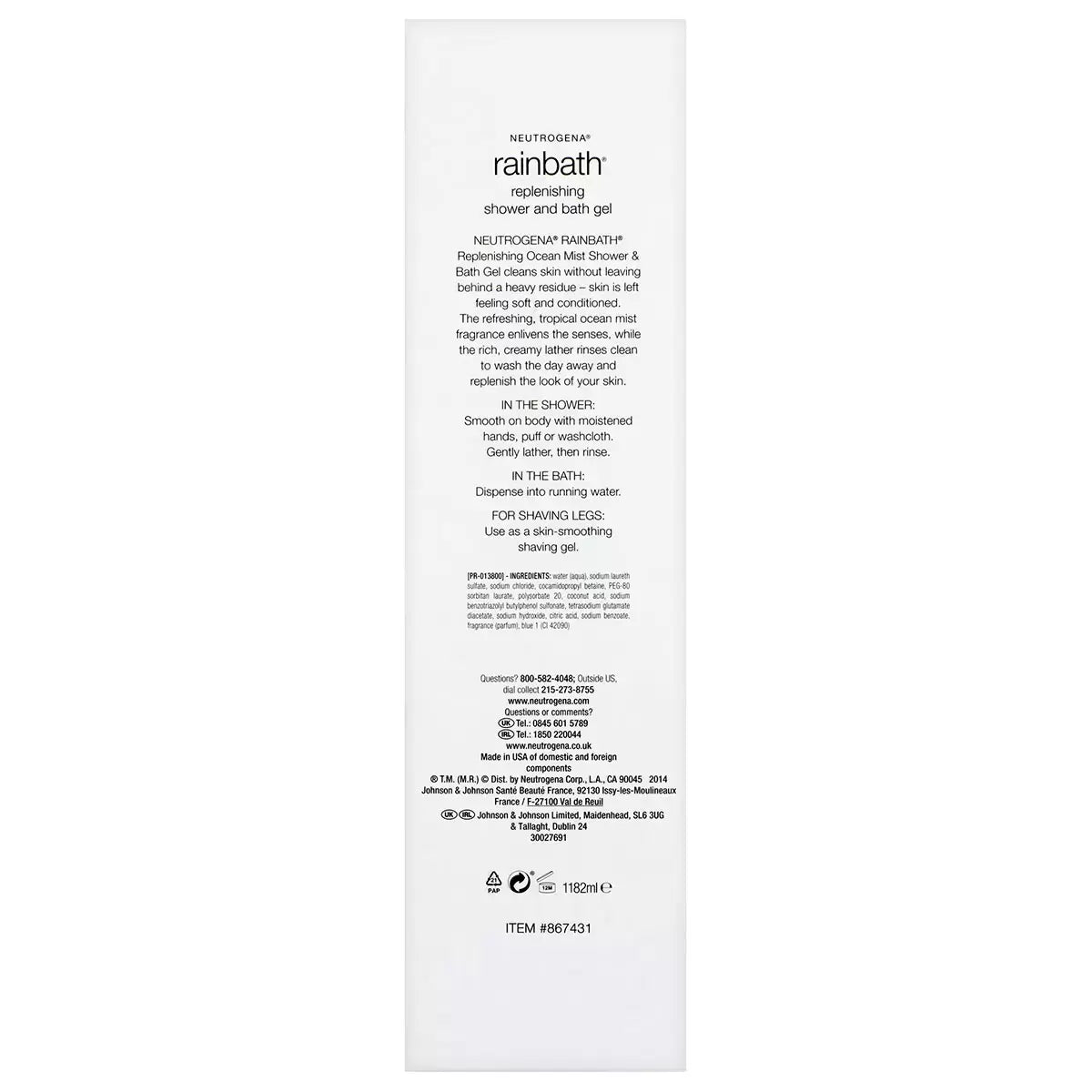 Back label of Neutrogena Rainbath body wash showing ingredients.