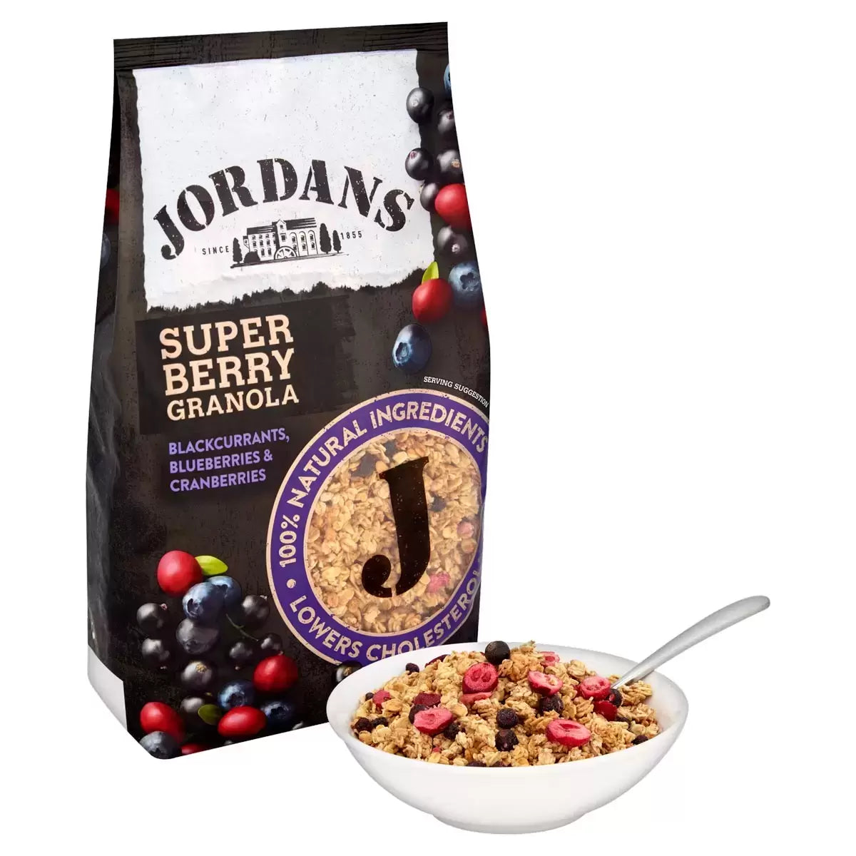 Jordan's Super Berry Granola High Fibre Breakfast Cereal 1.5kg pack served with milk or yoghurt