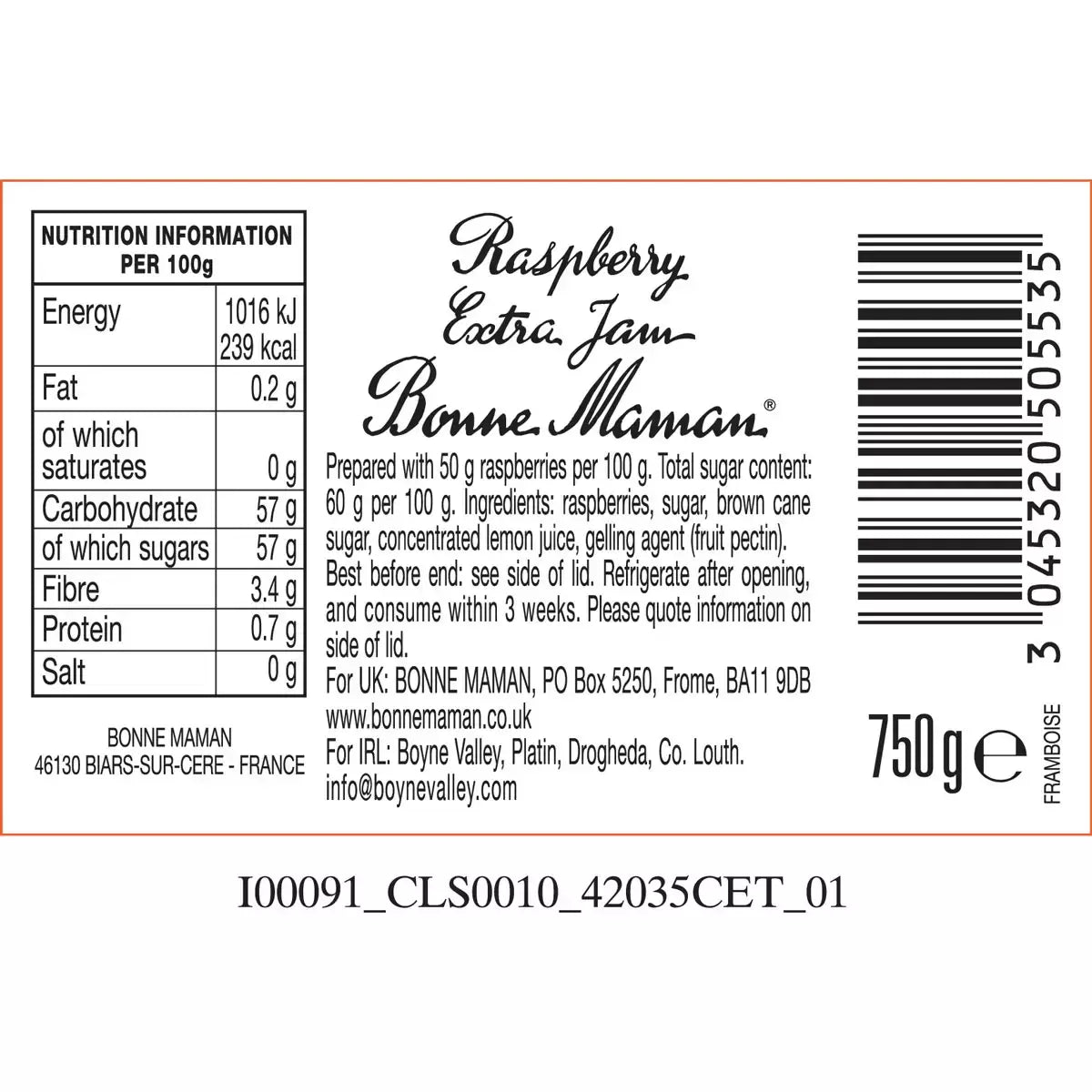 Bonne Maman raspberry conserve nutrition facts, ingredients & barcode label jar 750g