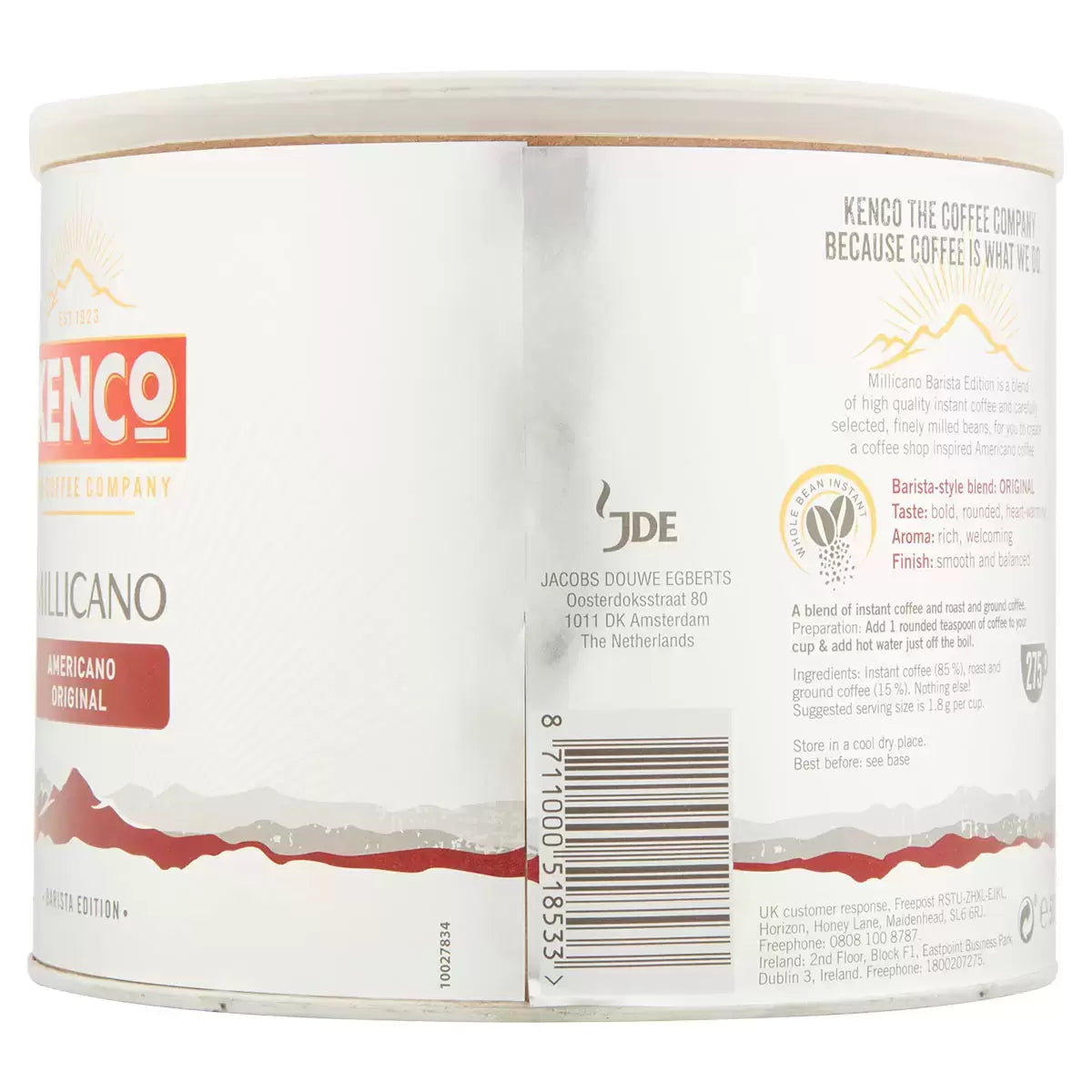 Barcode Image: Kenco Millicano Americano instant coffee tin 500g barcode packaging