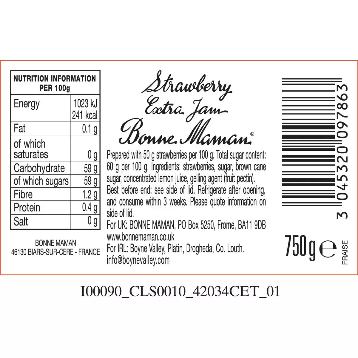 Bonne Maman strawberry conserve nutrition facts, ingredients & barcode label jar 750g