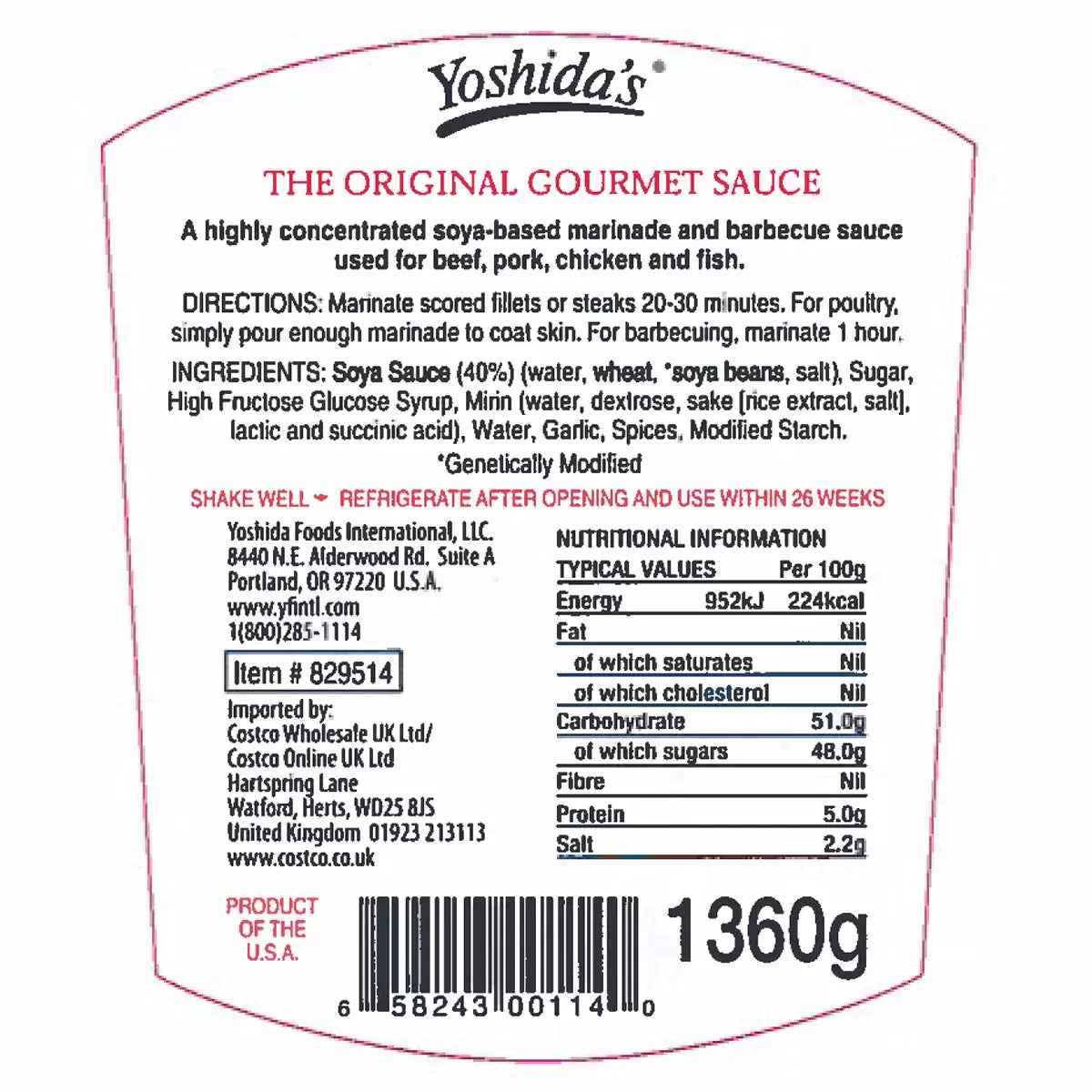 Supplement facts & ingredients image: Yoshidas sauce ingredients label marinade bottle 1360g