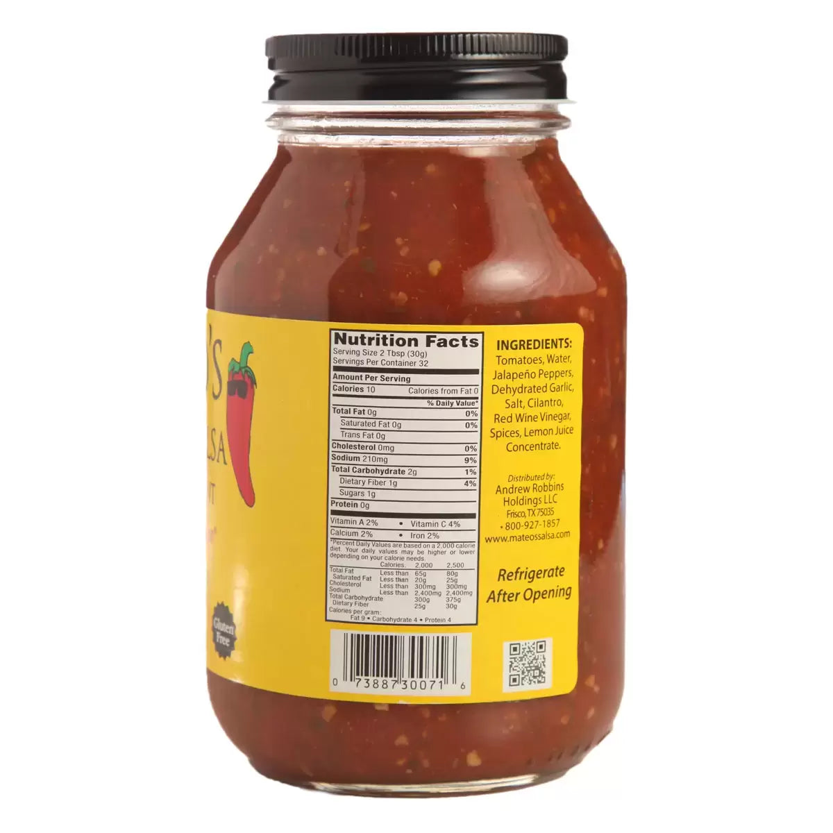 Mateo's Gourmet Salsa ingredient & barcode label medium heat 907g jar