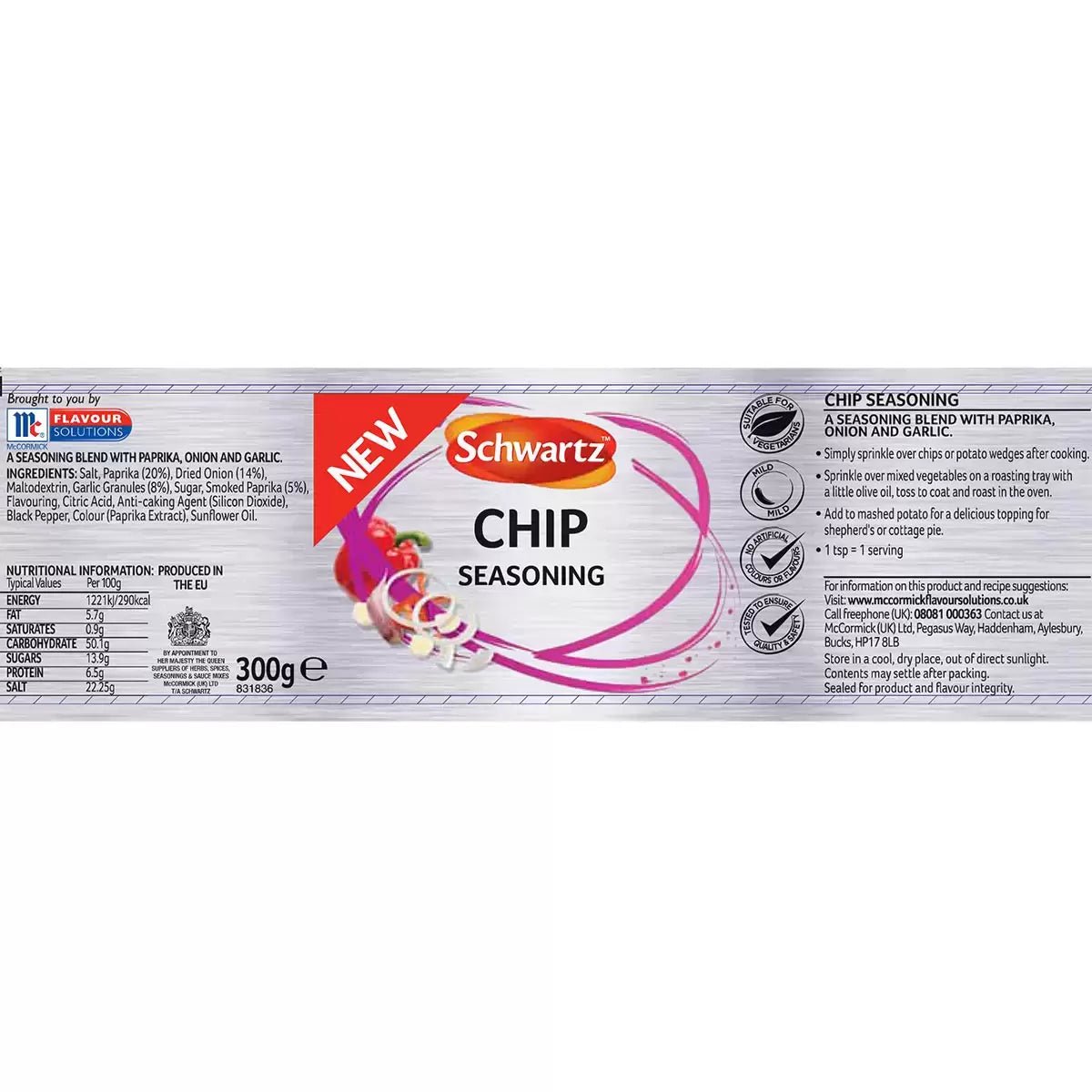 Supplement facts & ingredients image: Schwartz Chip Seasoning ingredient information packaging 300g