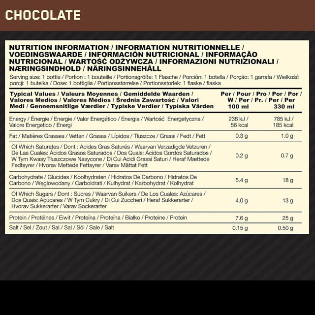 Optimum Nutrition High Protein Shake chocolate flavour ready to drink 330ml 12 pack ingredients and nutrition