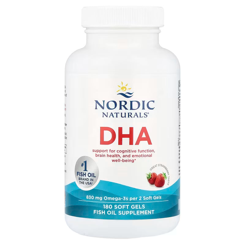 Nordic Naturals DHA strawberry soft gels bottle, high DHA formula, 90 count bottle
