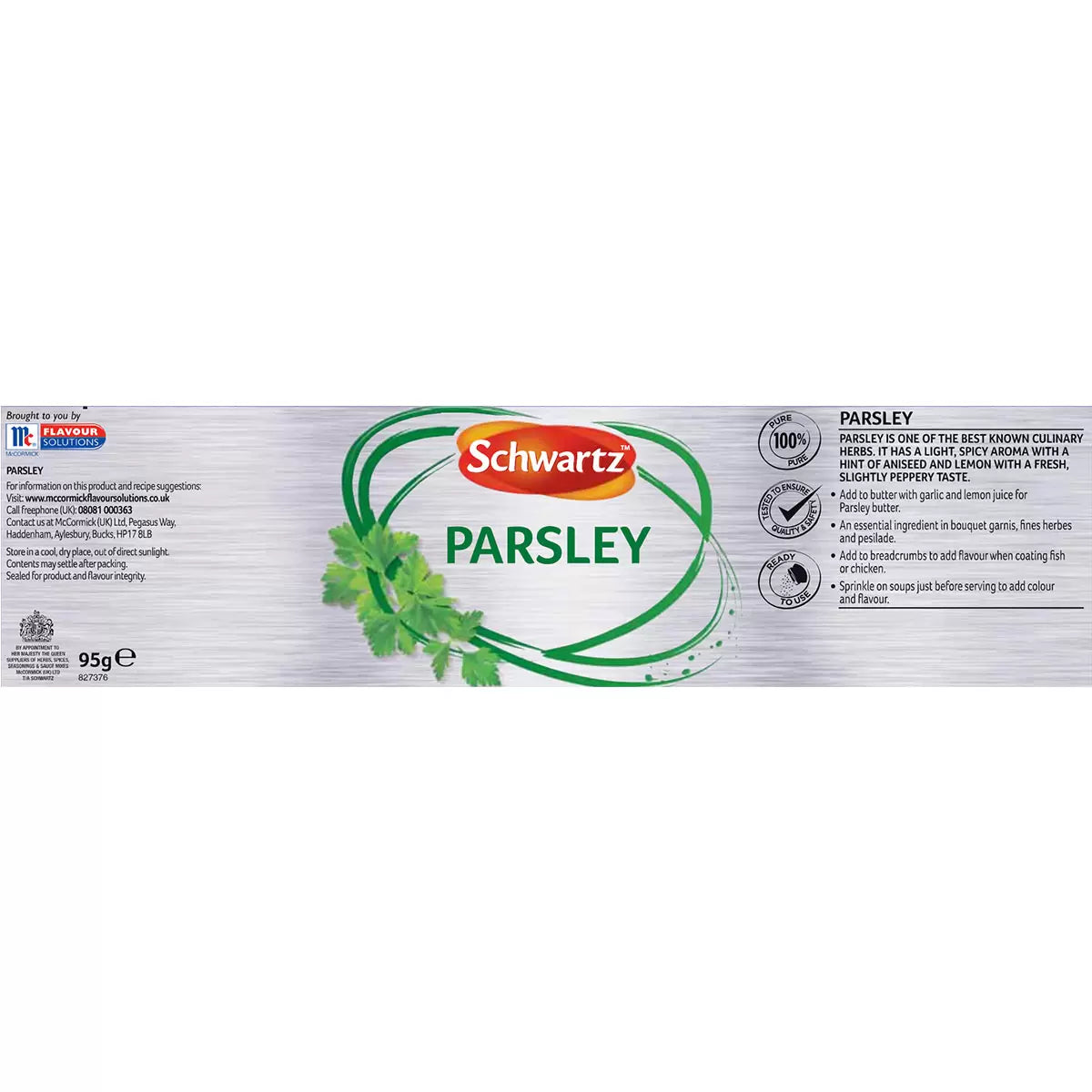 Supplement facts & ingredients image: Schwartz Dried Parsley ingredient information packaging 95g
