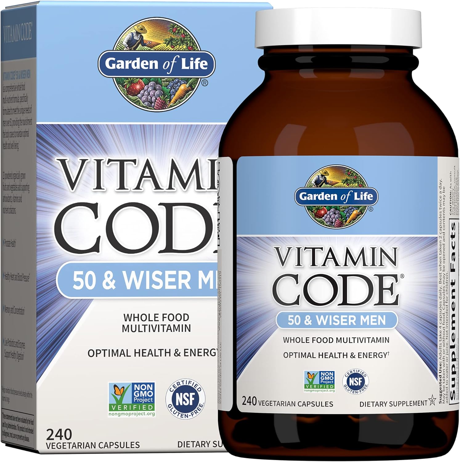 Garden of Life Vitamin Code Raw Multivitamin for Men 50 Plus bottle & box, 240 capsules.