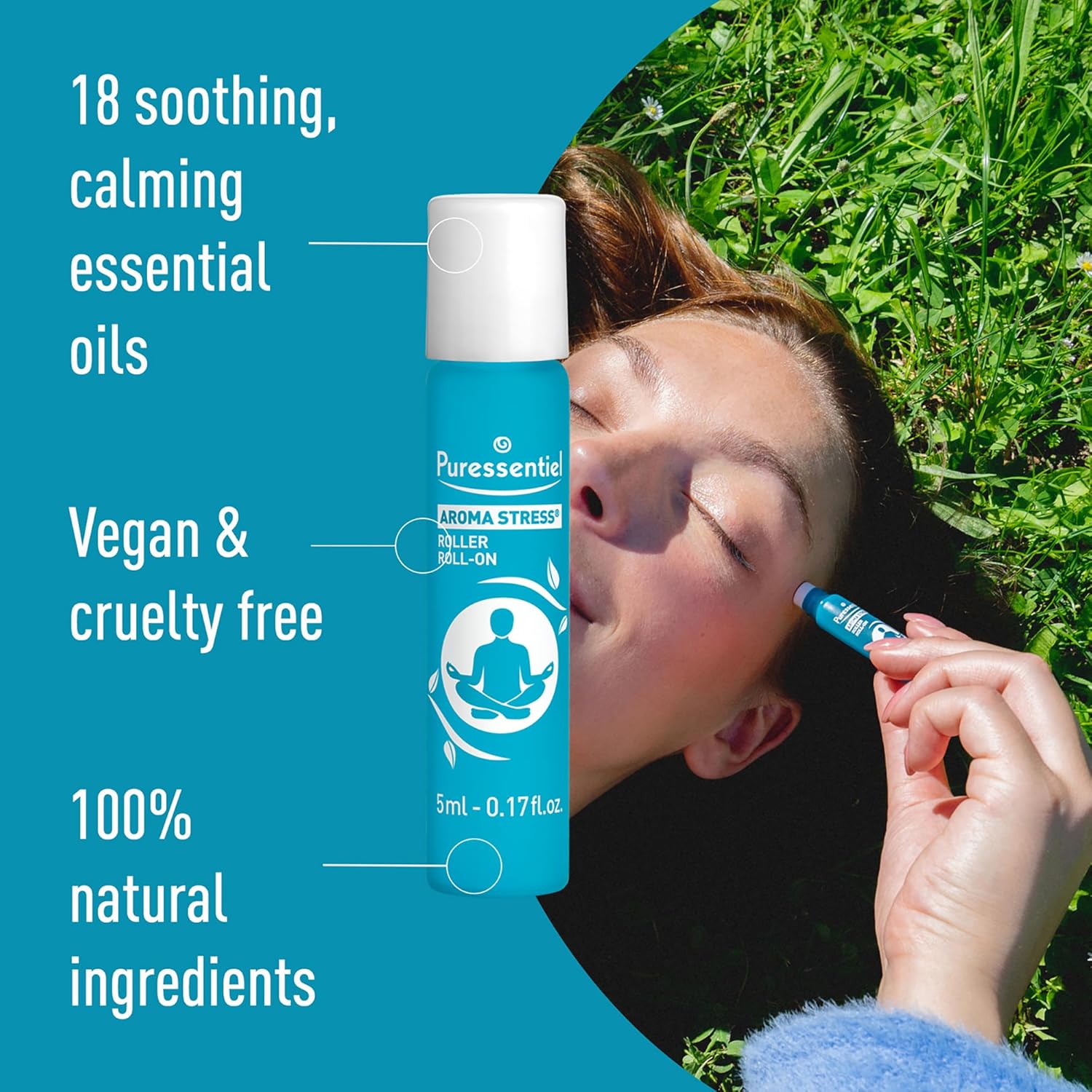 Hand applying Puressentiel roll-on to temple.