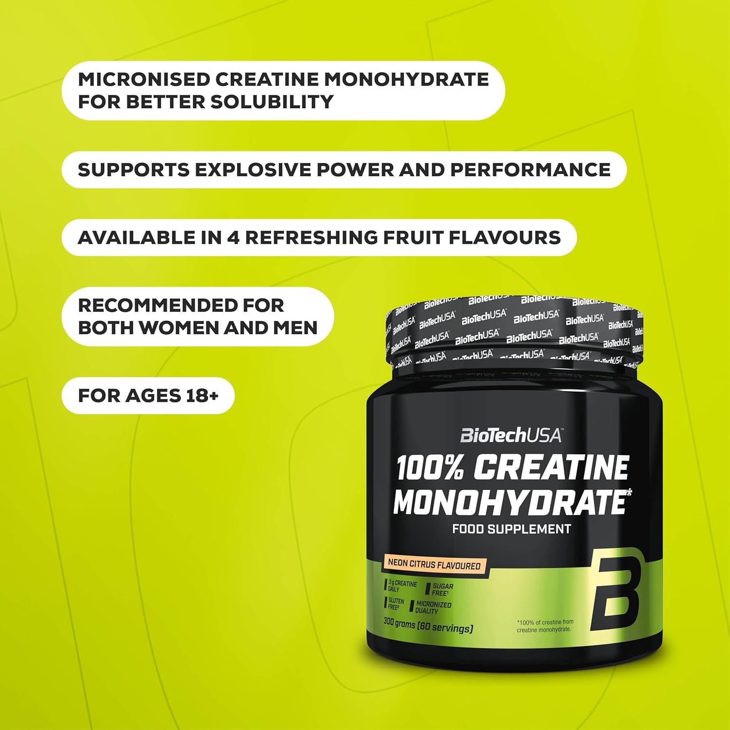 BioTechUSA 100% Creatine Monohydrate supplement facts powder orange flavour 300g quantity