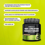 BioTechUSA 100% Creatine Monohydrate supplement facts powder orange flavour 300g quantity