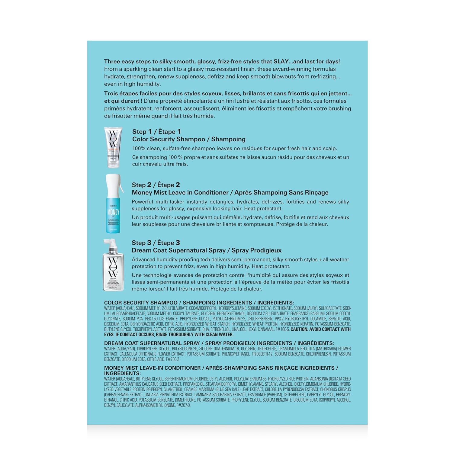 Product list and instructions for the Color Wow Anti-Frizz value set.