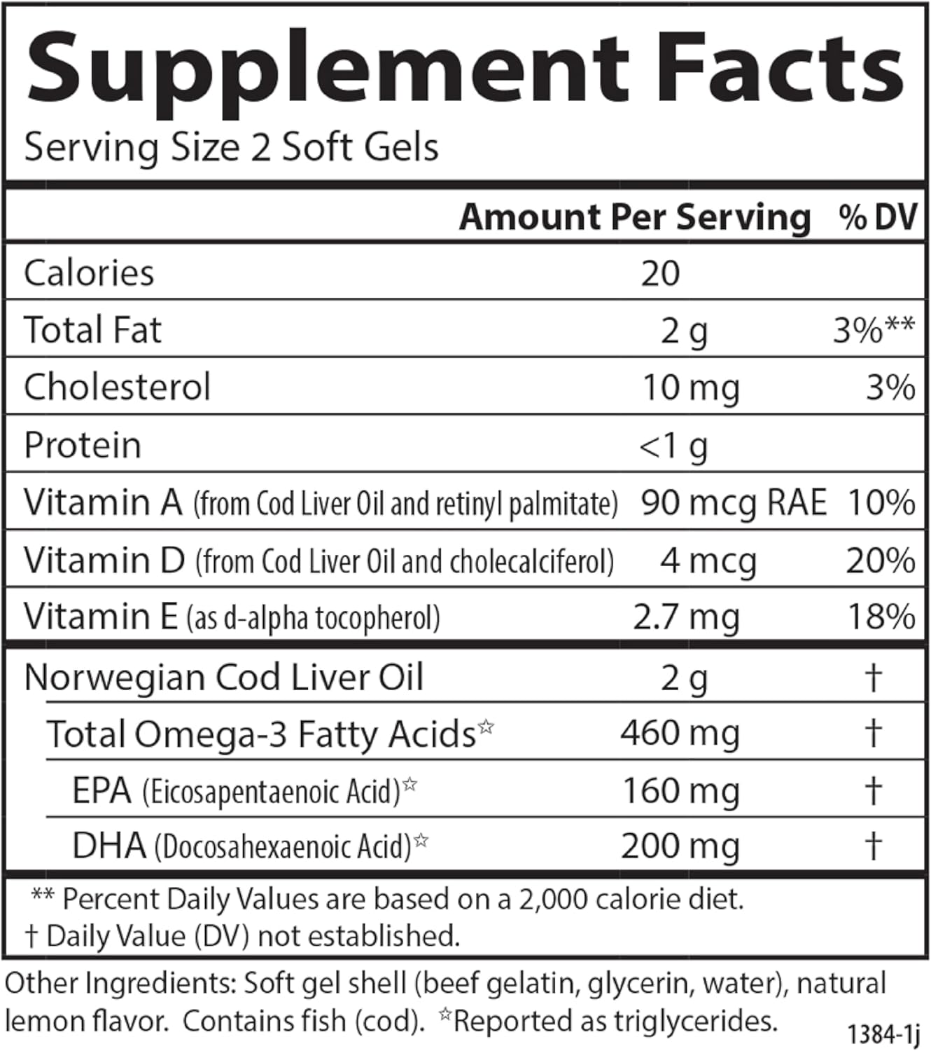 Supplement facts & ingredients image: Carlson Cod Liver Oil omega 3 vitamins A D3 supplement facts softgels 180 count