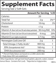 Supplement facts & ingredients image: Carlson Cod Liver Oil omega 3 vitamins A D3 supplement facts softgels 180 count