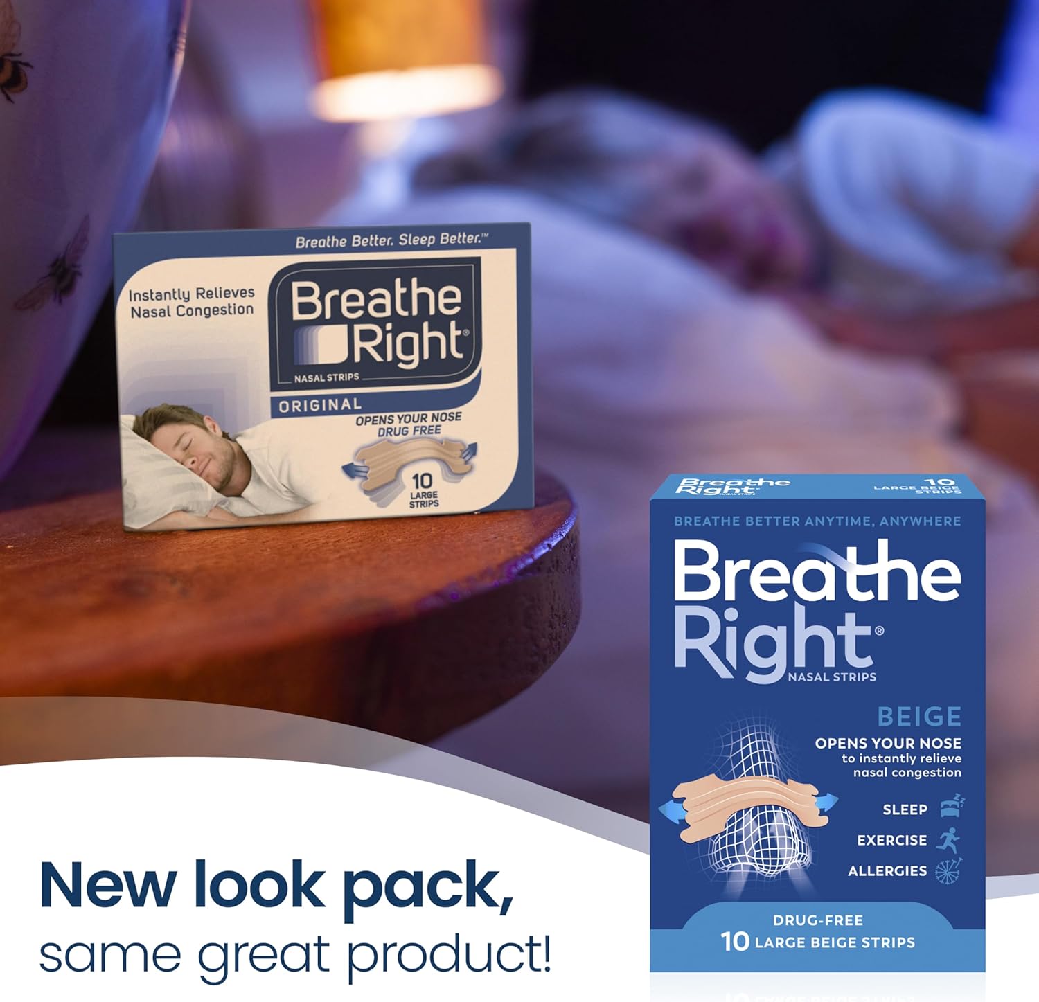 Breathe Right Original Tan Beige Nasal Strips package, Large size, 30 count. Old & new packaging.