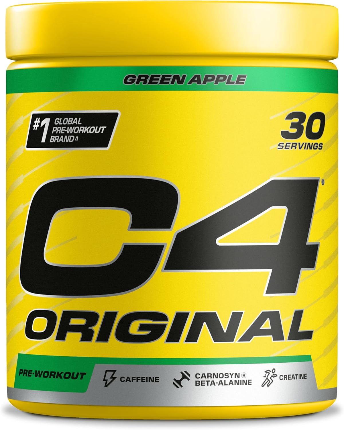 Yellow container of C4 Original pre-workout supplement with green apple flavor and 30 servings.