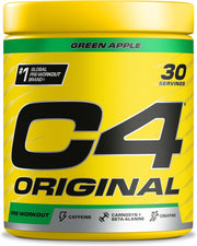 Yellow container of C4 Original pre-workout supplement with green apple flavor and 30 servings.