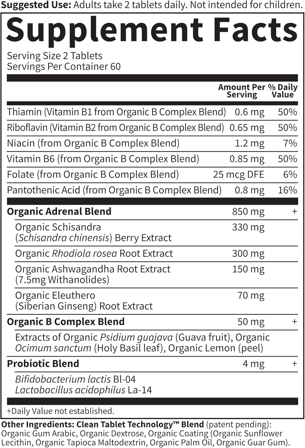 Supplement facts panel and ingredients list for Organics Daily Balance on white background.