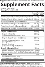 Supplement facts panel and ingredients list for Organics Daily Balance on white background.