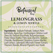 Ingredients and product details for Australian Botanical Lemongrass soap bar pack.
