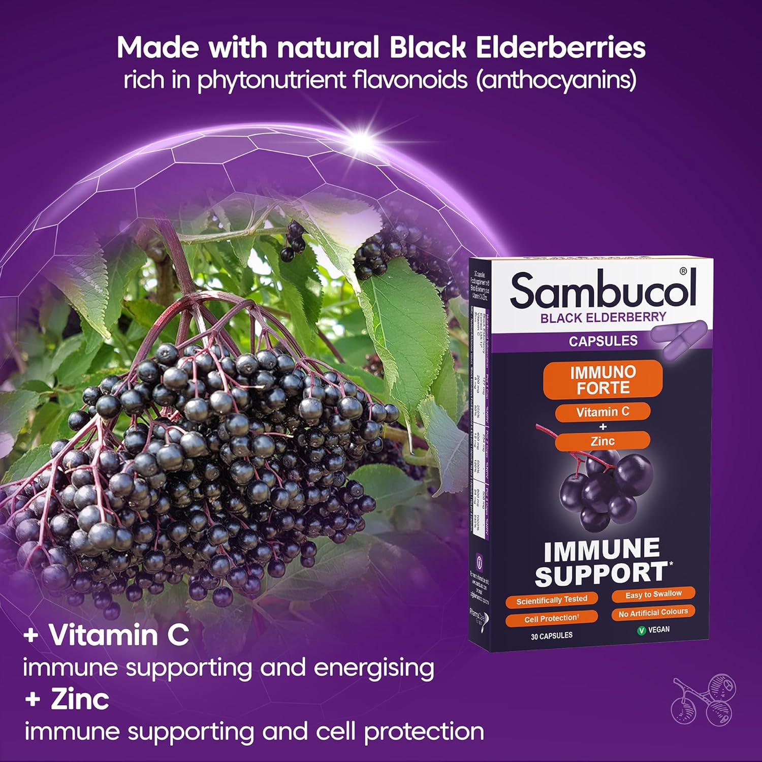 Sambucol Black Elderberry immune support product with black elderberries on a purple background