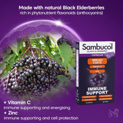 Sambucol Black Elderberry immune support product with black elderberries on a purple background