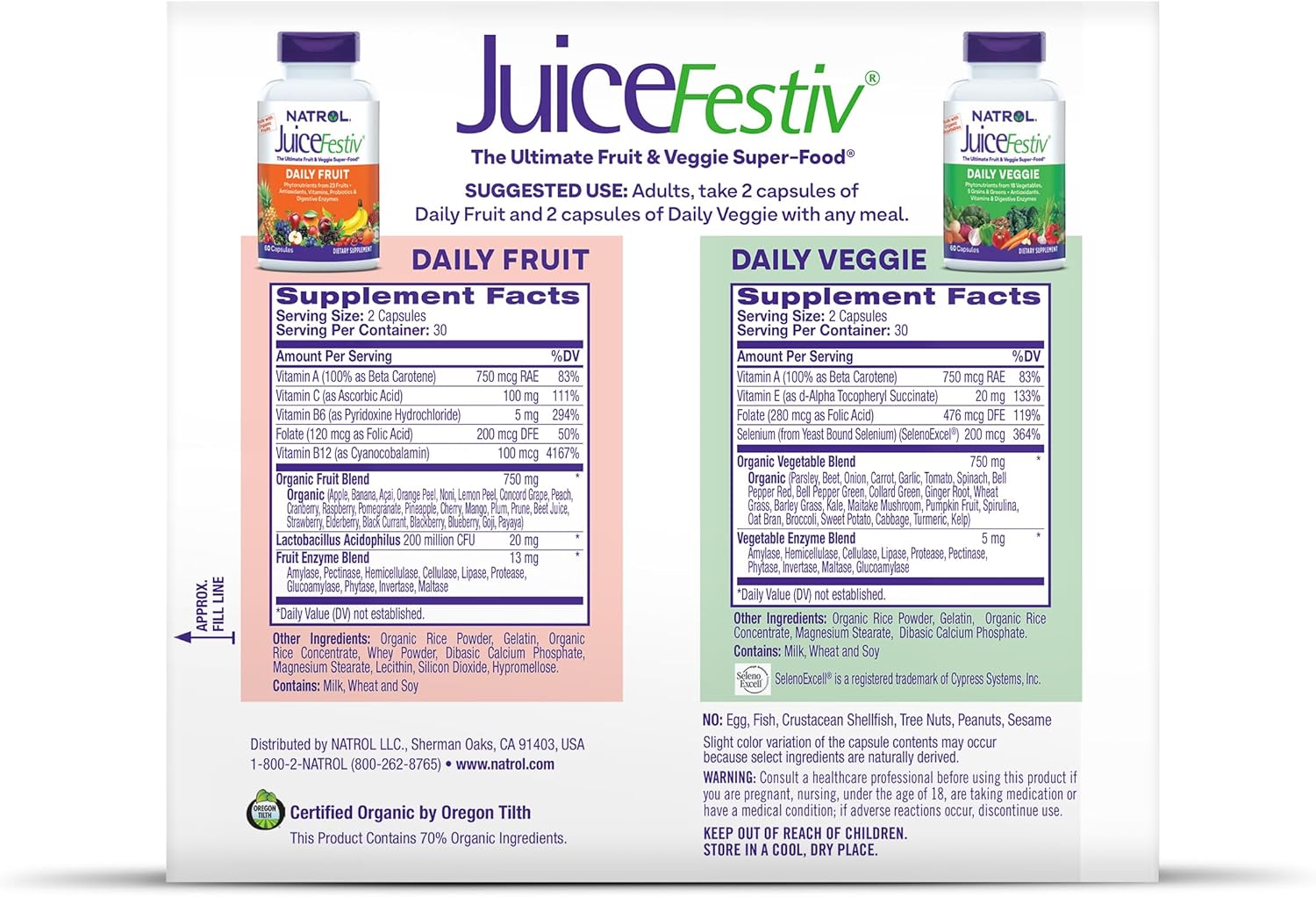 Natrol JuiceFestiv Daily Fruit and Daily Veggie supplement facts ingredients bottles 60 capsules each